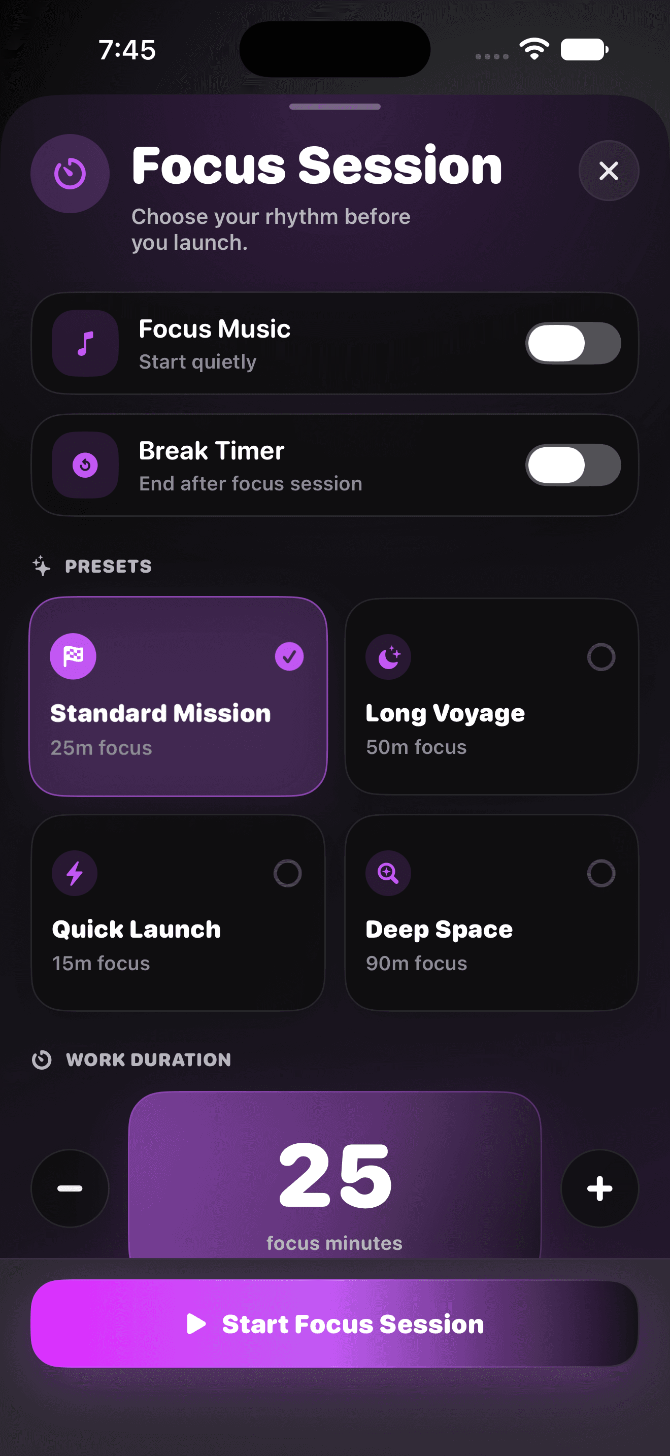 GoaTime Focus Session setup showing 15, 25, 50, and 90 minute presets, a duration control, and optional focus music and breaks