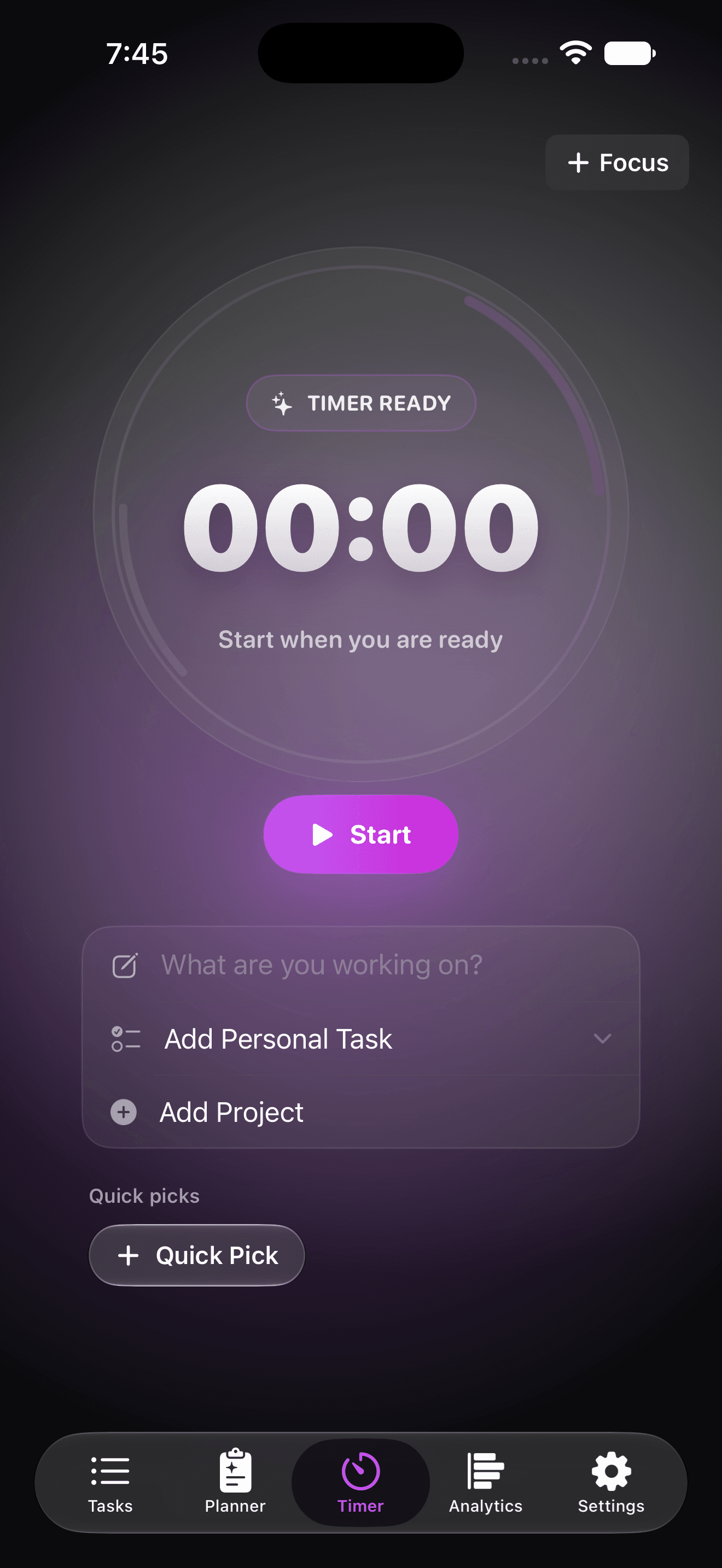 GoaTime work timer on iPhone, ready to start with personal task and project linking controls